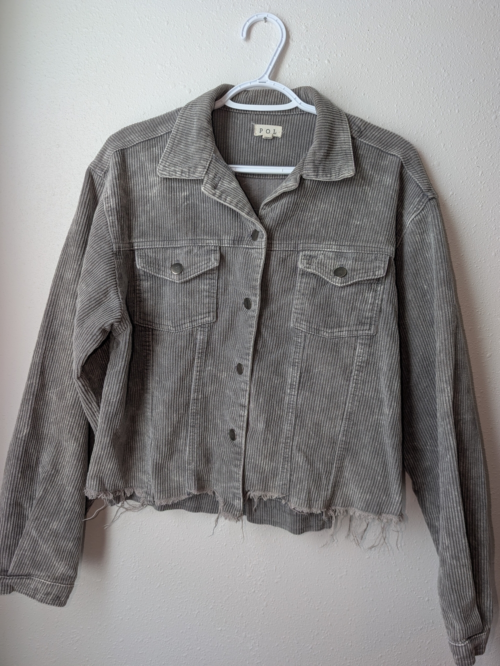 POL Gray Corduroy Button-Front Jacket with Raw Hem